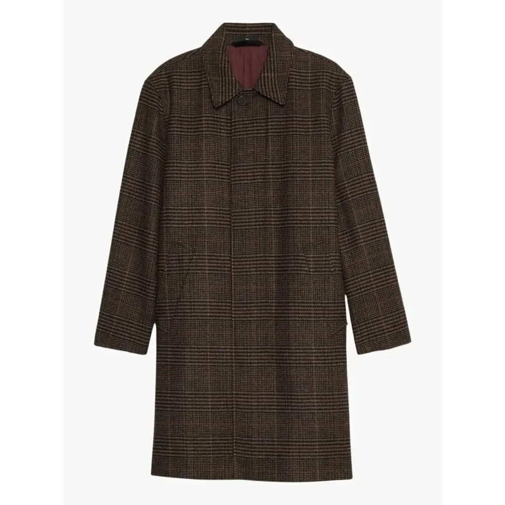 Banana Republic Men’s Houndstooth Brown Plaid Wool Blend Long Line Carcoat